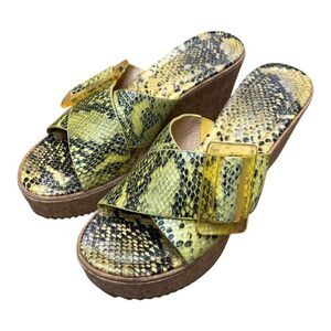 Donald Pliner Yellow and Black Snake Print Wedge Sandals Size 7.5 Large Buckle